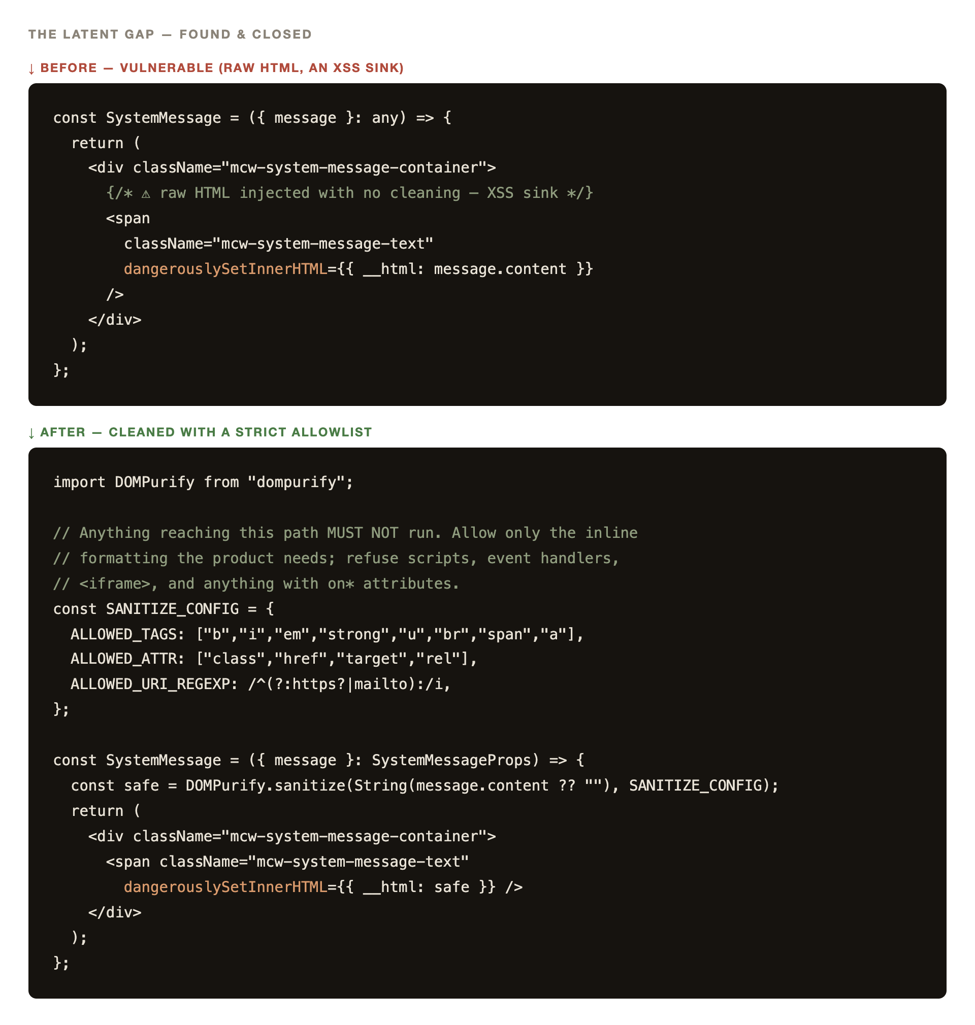 The vulnerable SystemMessage component before, and the DOMPurify-sanitized version after